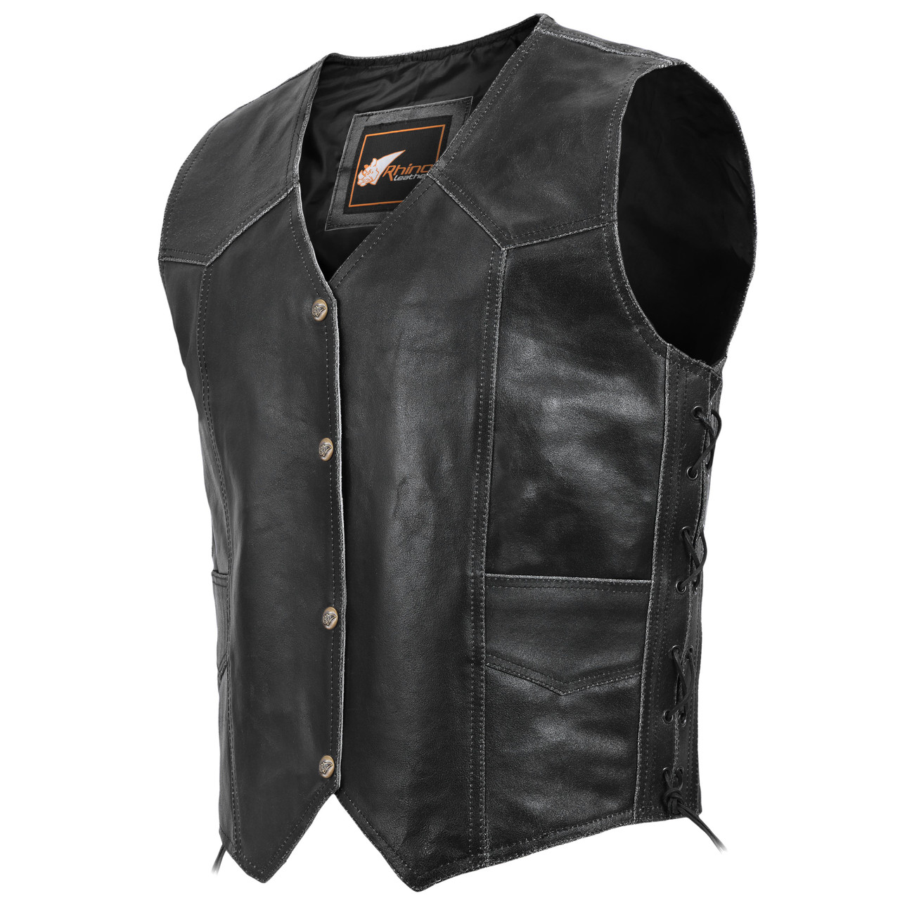 Black Distressed Leather Vest with Stud Buttons & Hidden Zip